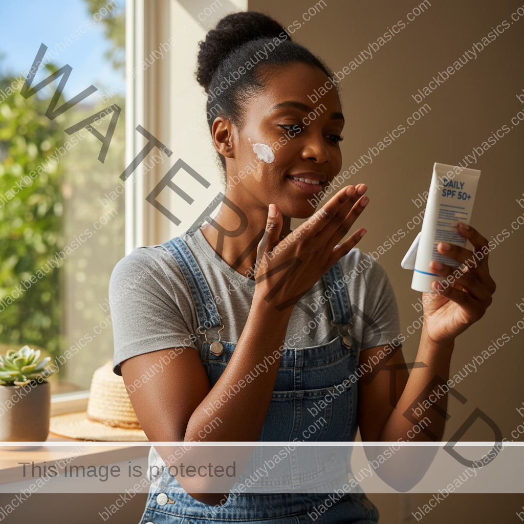 Black woman with deep skin applying sunscreen near a sunny window as part of hyperpigmentation care