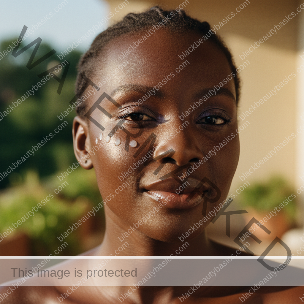 Close view of deep skin makeup finish with sunscreen reapplication products nearby