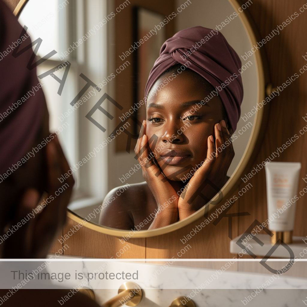 Black woman with deep skin holding sunscreen and makeup while checking her glow