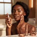 Black woman with deep skin reapplying sunscreen over makeup with a compact mirror