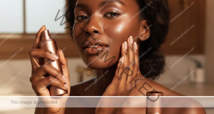 Black woman with deep skin reapplying sunscreen over makeup with a compact mirror