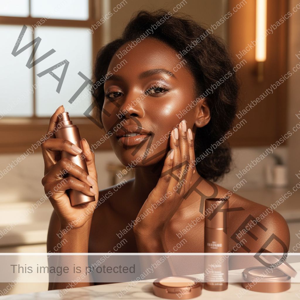 Black woman with deep skin reapplying sunscreen over makeup with a compact mirror