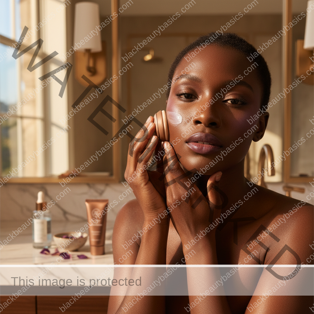 Black woman gently reapplying sunscreen over makeup with a sponge
