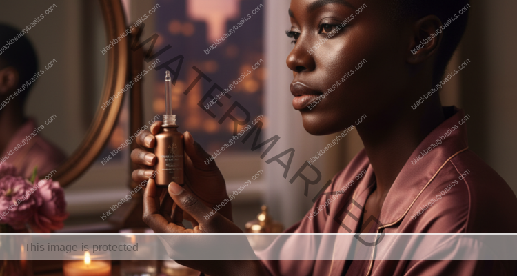 Black woman with deep skin holding a retinoid treatment during an evening routine