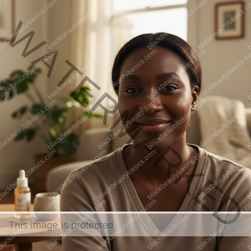 Black woman with deep skin smiling softly in natural light after a simple skincare routine