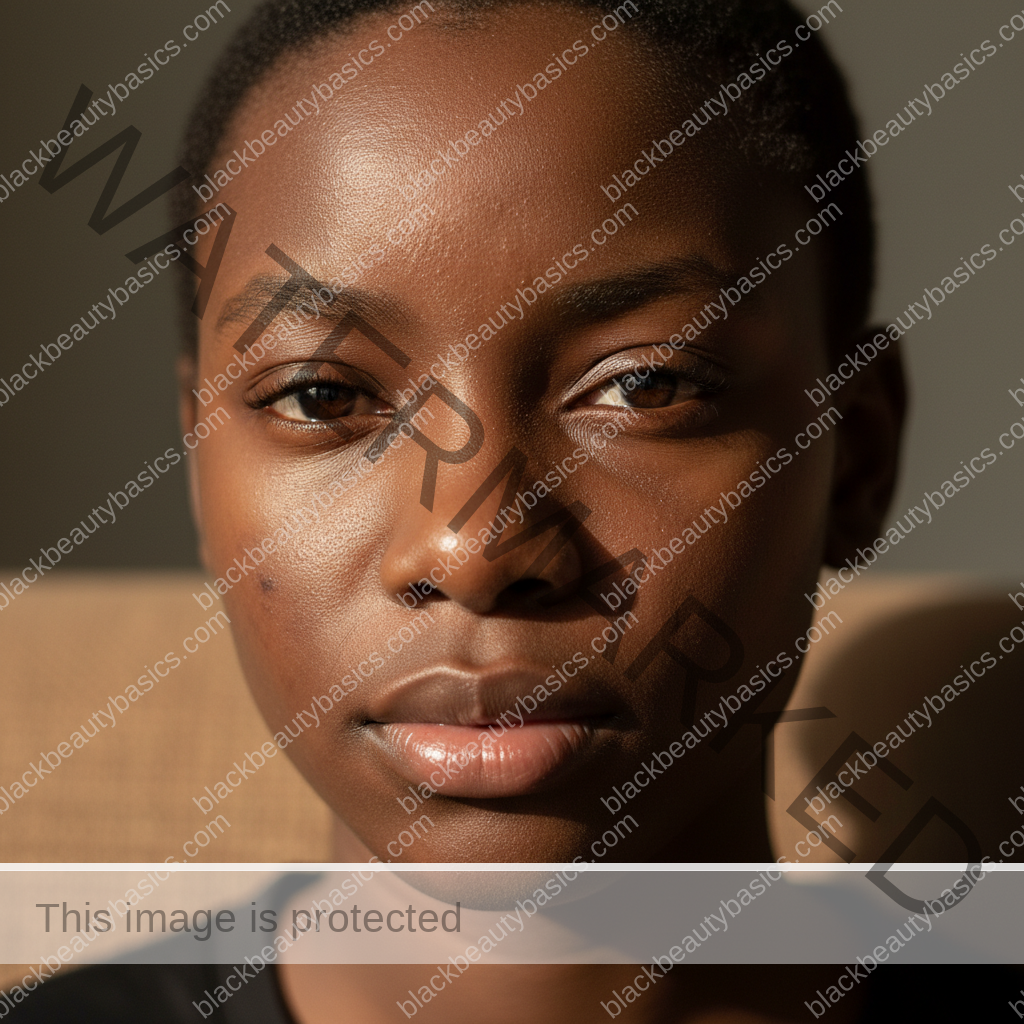Respectful close-up of deep melanated skin with post-acne marks and natural texture