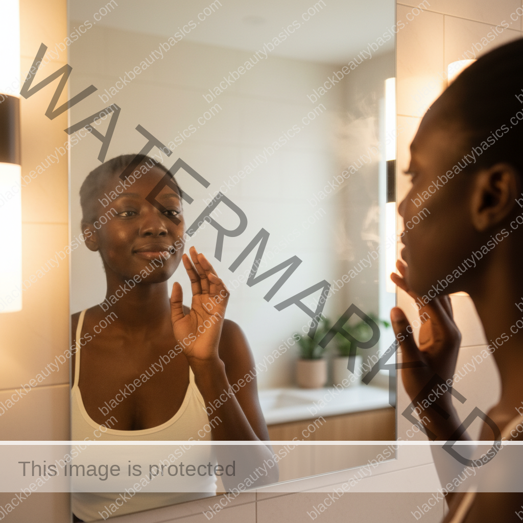 Black woman with deep skin gently reviewing acne marks in the mirror without shame