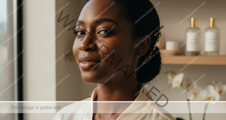 Editorial portrait of a Black woman with deep skin for a skincare routine order guide
