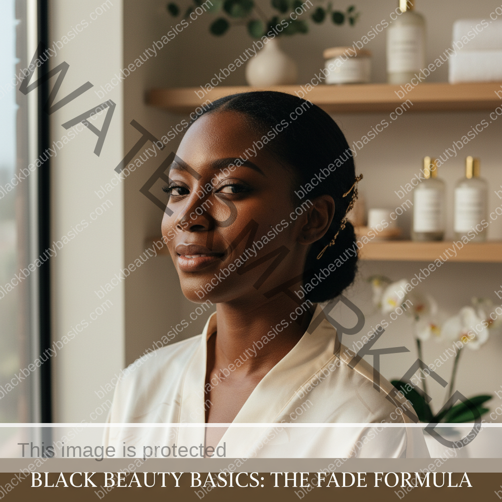 Editorial portrait of a Black woman with deep skin for a skincare routine order guide