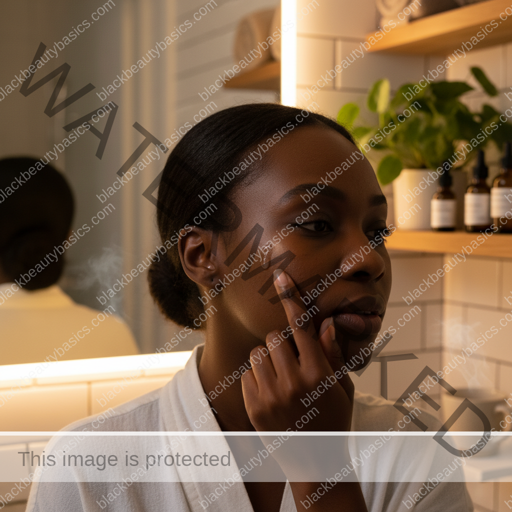 Black woman with deep skin applying a nighttime treatment step carefully in a bathroom mirror
