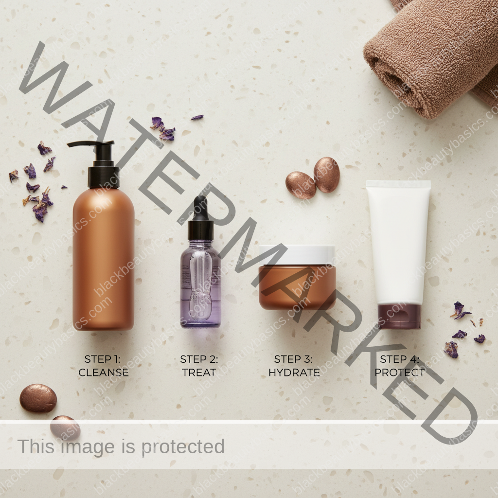 Ordered skincare routine essentials for fading acne marks on Black skin on a bathroom counter