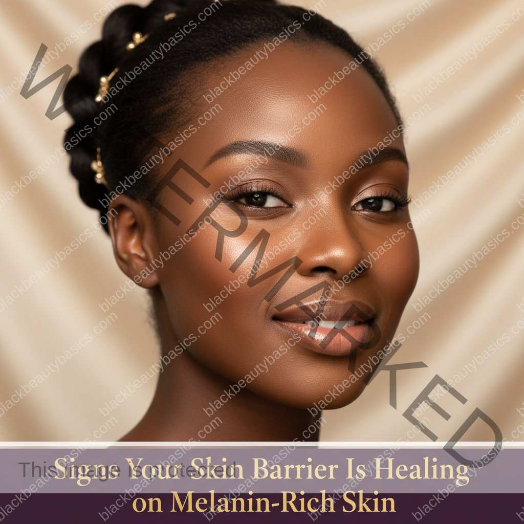 Black woman in a calm skincare setting for signs your skin barrier is healing on melanin-rich skin
