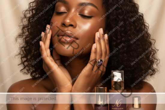 Black woman in a calm skincare setting for skincare routine for black women in their 20s