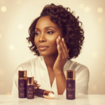 Black woman in a calm skincare setting for skincare routine for black women in their 40s