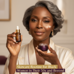 Black woman in a calm skincare setting for skincare routine for black women in their 50s and beyond