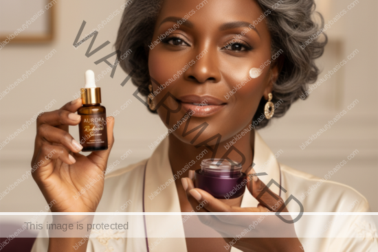 Black woman in a calm skincare setting for skincare routine for black women in their 50s and beyond