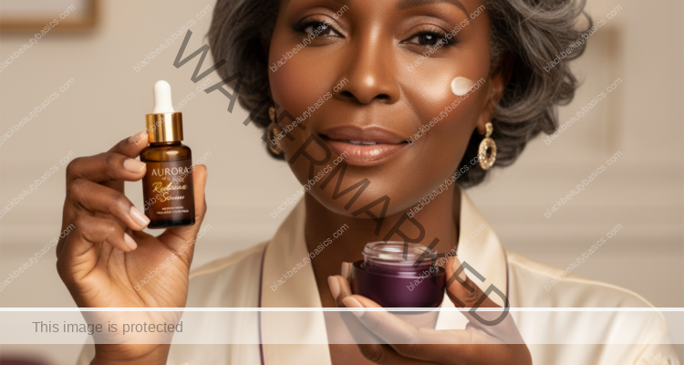 Black woman in a calm skincare setting for skincare routine for black women in their 50s and beyond