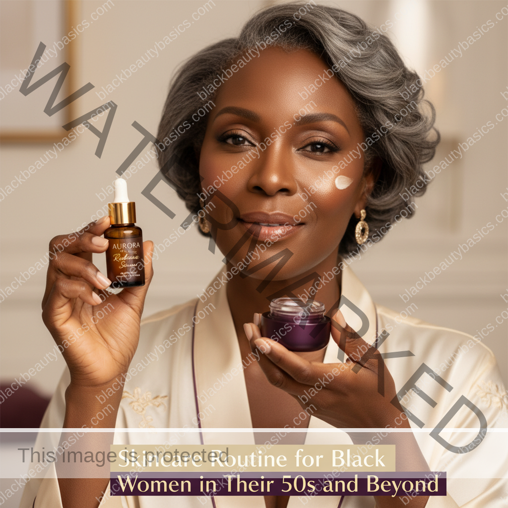 Black woman in a calm skincare setting for skincare routine for black women in their 50s and beyond