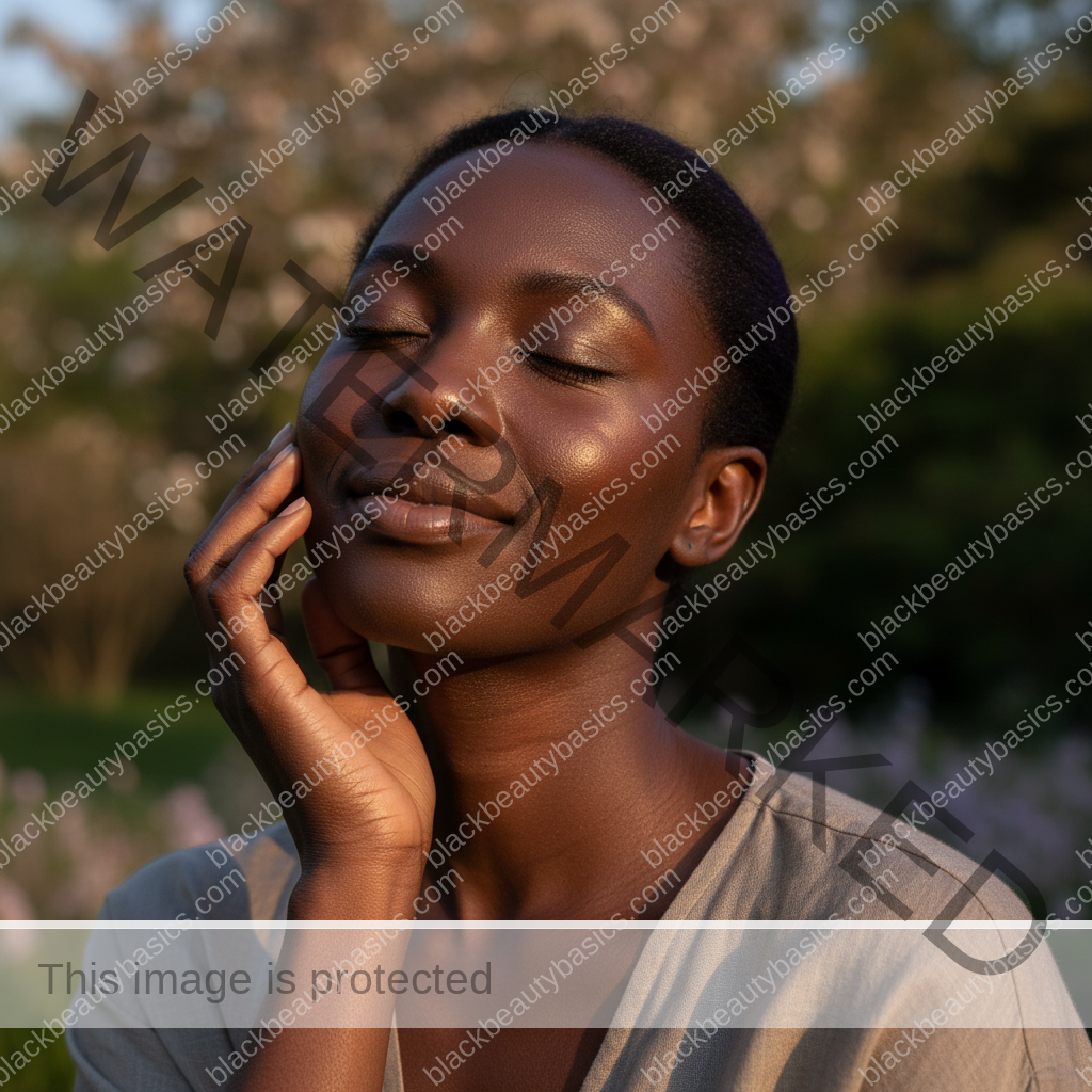 Black woman with deep skin relaxed in soft daylight after sunscreen application