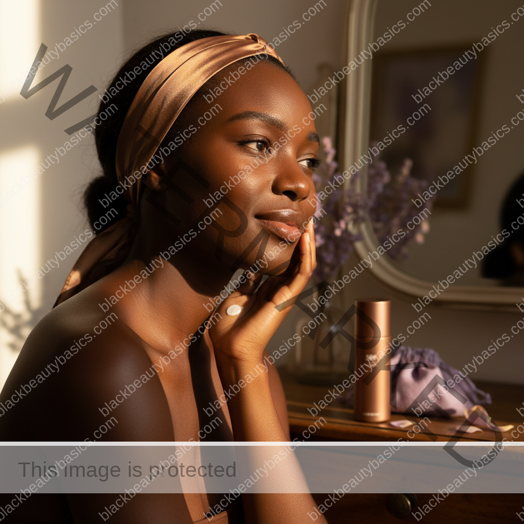 Black woman with richly melanated skin in a calm reflective sunscreen routine moment