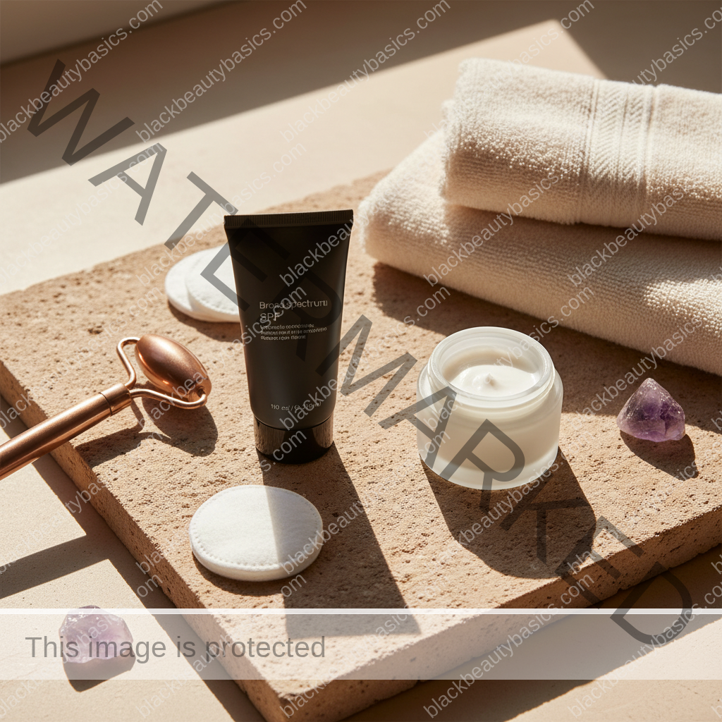 Sunscreen and skincare essentials arranged for SPF and Hyperpigmentation: Why Protection Changes Treatment Results