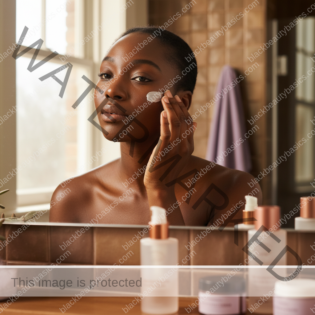 Black woman applying sunscreen in a practical step for SPF and Hyperpigmentation: Why Protection Changes Treatment Results