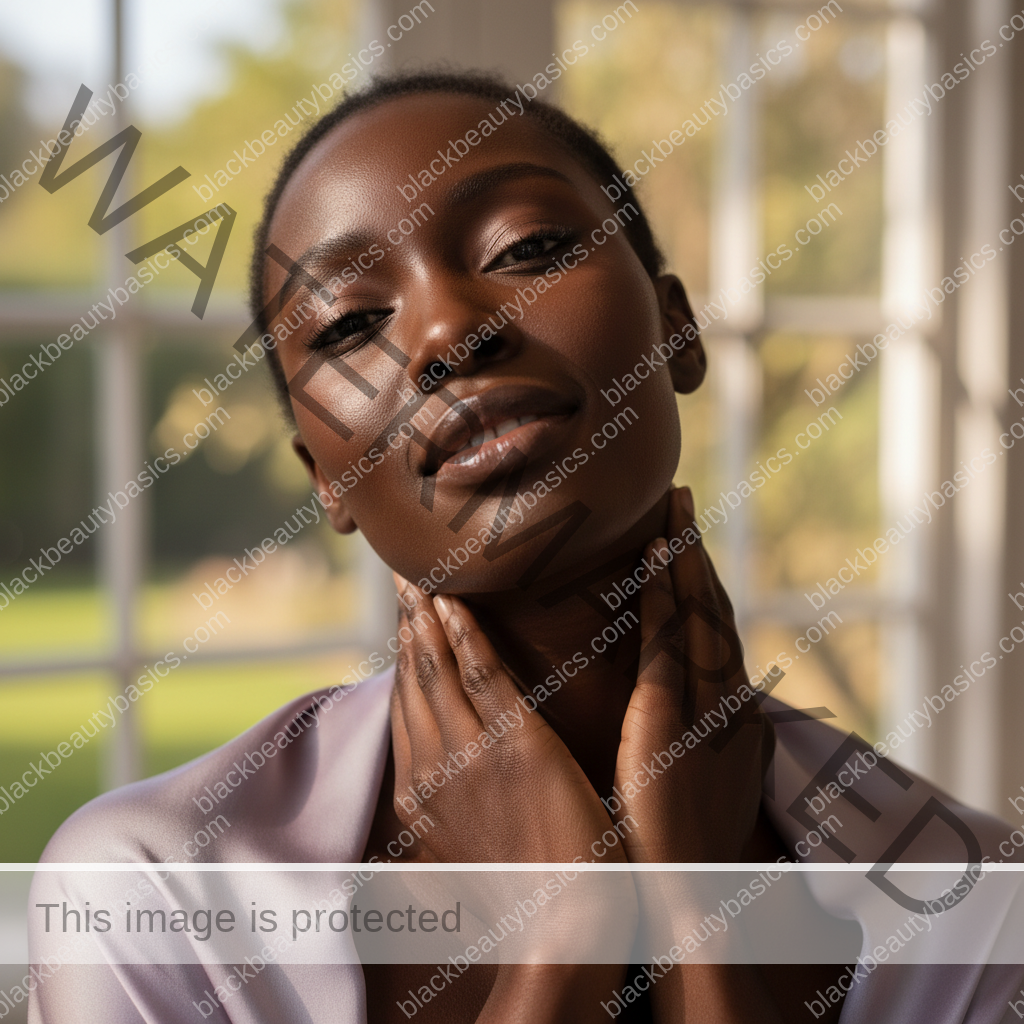 Black woman with deep skin smiling with a natural no-cast sunscreen finish