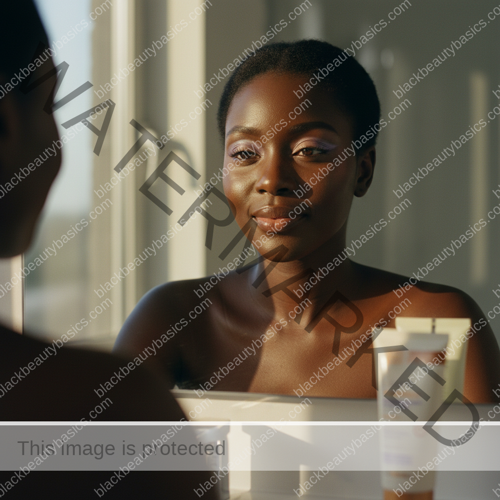 Black woman with deep skin looking at sunscreen residue in a mirror