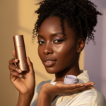 Black woman with deep skin comparing sunscreen textures in warm vanity light