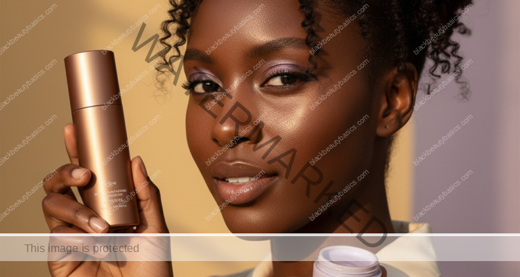 Black woman with deep skin comparing sunscreen textures in warm vanity light