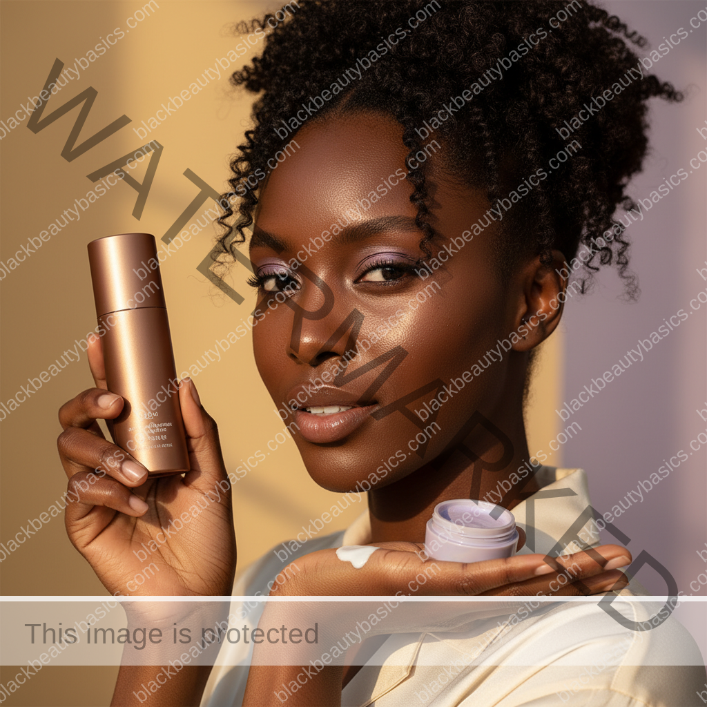 Black woman with deep skin comparing sunscreen textures in warm vanity light