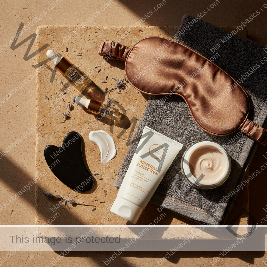 Flat lay of tinted sunscreen, clear sunscreen, and moisturizer
