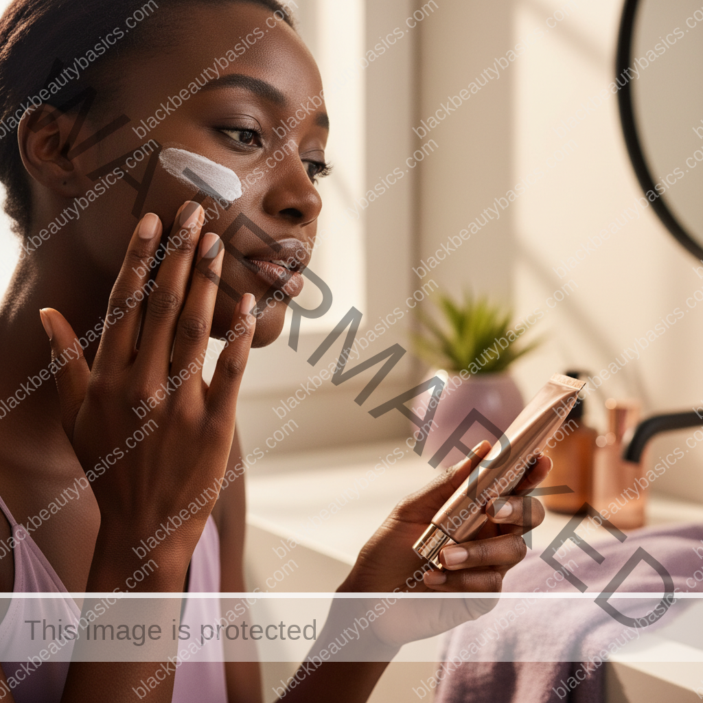Black woman blending sunscreen in sections on deep skin