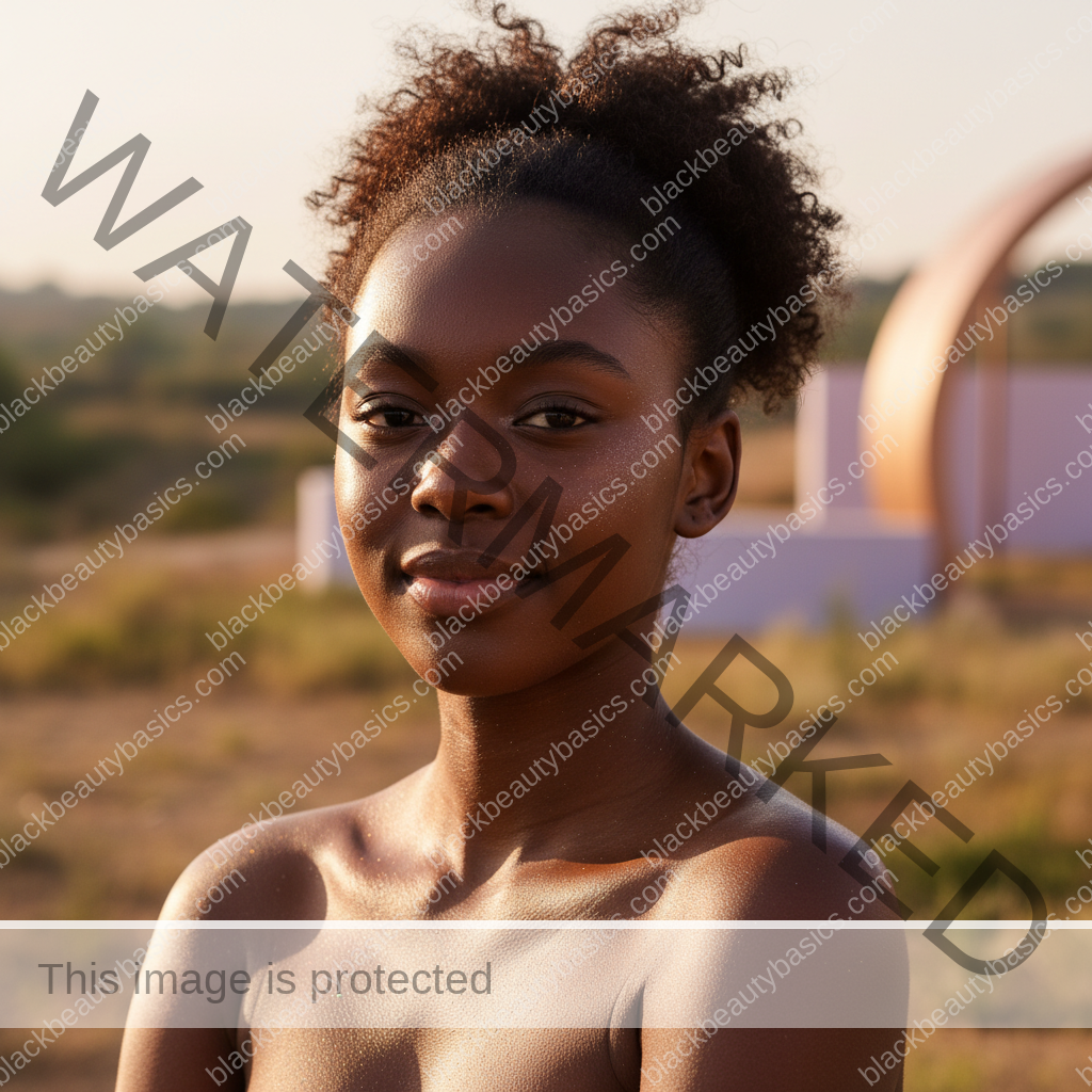 Black woman with deep skin relaxed in soft daylight after sunscreen application