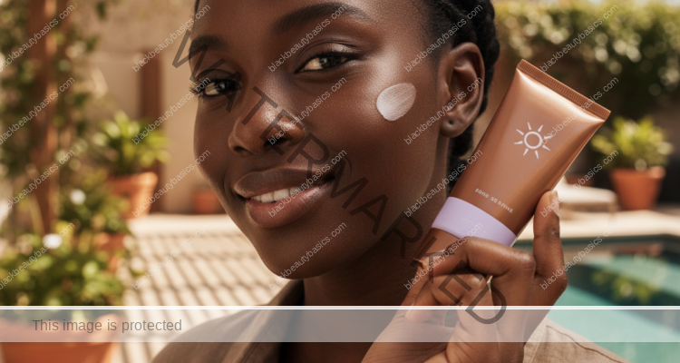 Black woman with deep skin in an editorial sunscreen moment for Sunscreen for Teens With Deep Skin