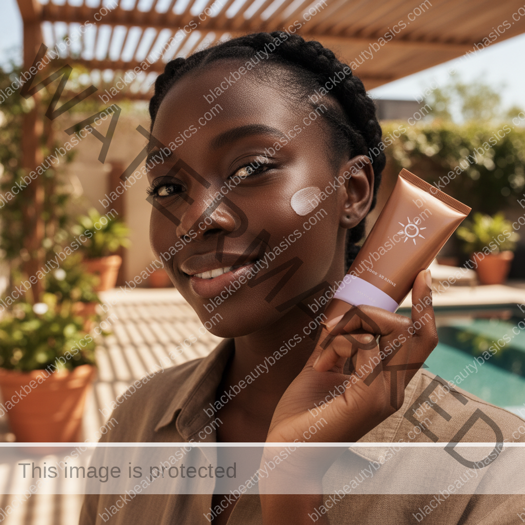 Black woman with deep skin in an editorial sunscreen moment for Sunscreen for Teens With Deep Skin