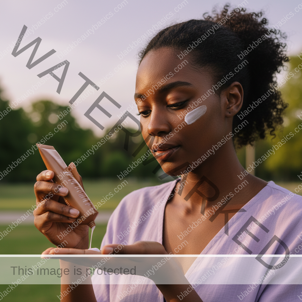 Black woman applying sunscreen in a practical step for Sunscreen for Teens With Deep Skin