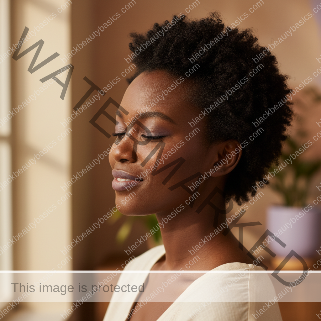 Black woman with deep skin wearing a natural sunscreen finish in daylight