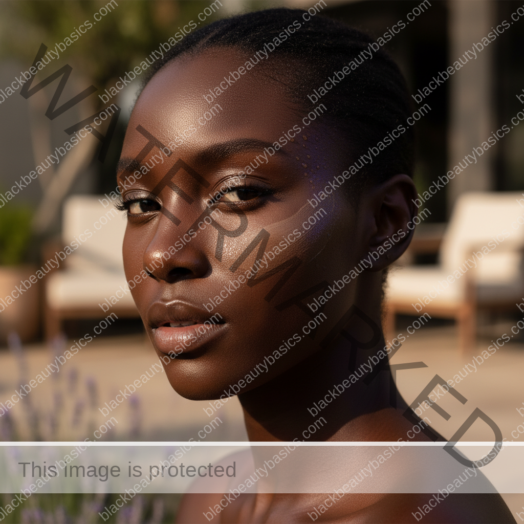Close view of tinted and clear sunscreen swatches on deep skin