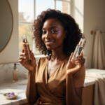 Black woman with deep skin comparing tinted and clear sunscreen at a vanity