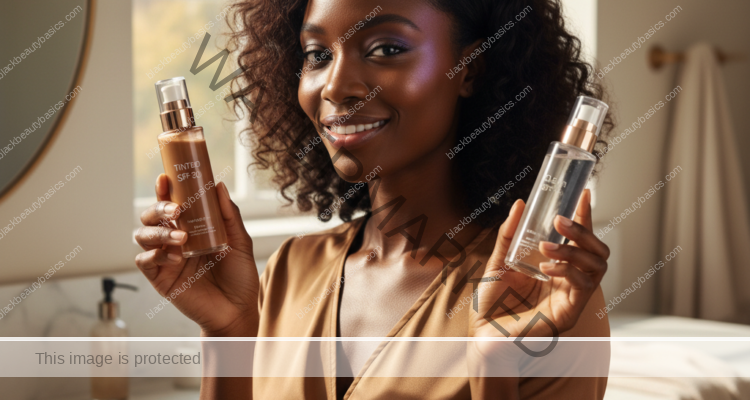 Black woman with deep skin comparing tinted and clear sunscreen at a vanity