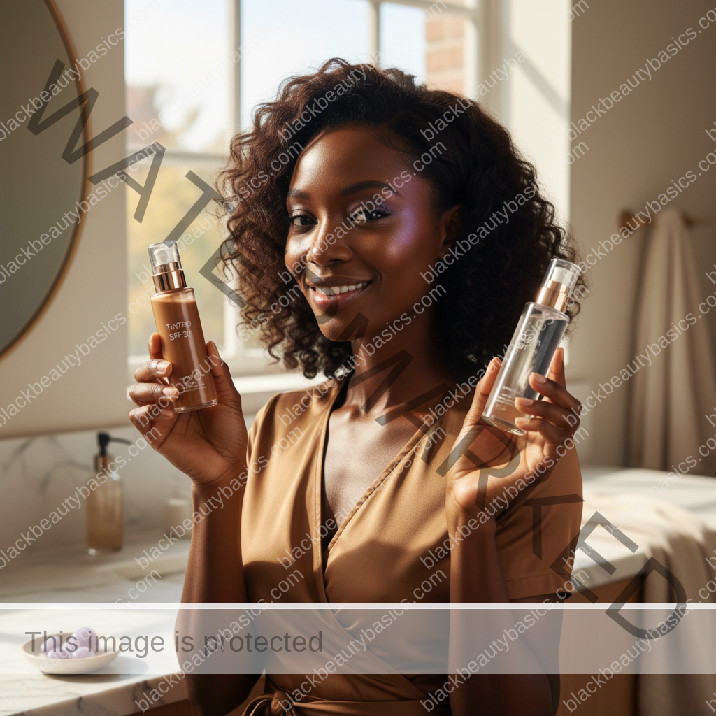 Black woman with deep skin comparing tinted and clear sunscreen at a vanity