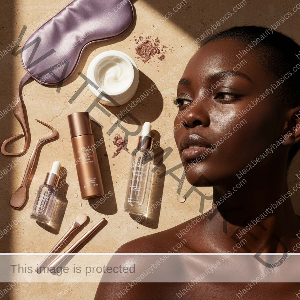 Flat lay of tinted sunscreen, clear sunscreen, and makeup brushes
