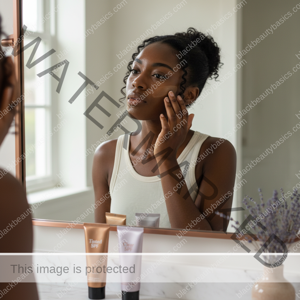Black woman applying tinted sunscreen evenly on deep skin