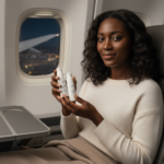 Black woman using travel skincare for melanin-rich skin on a plane
