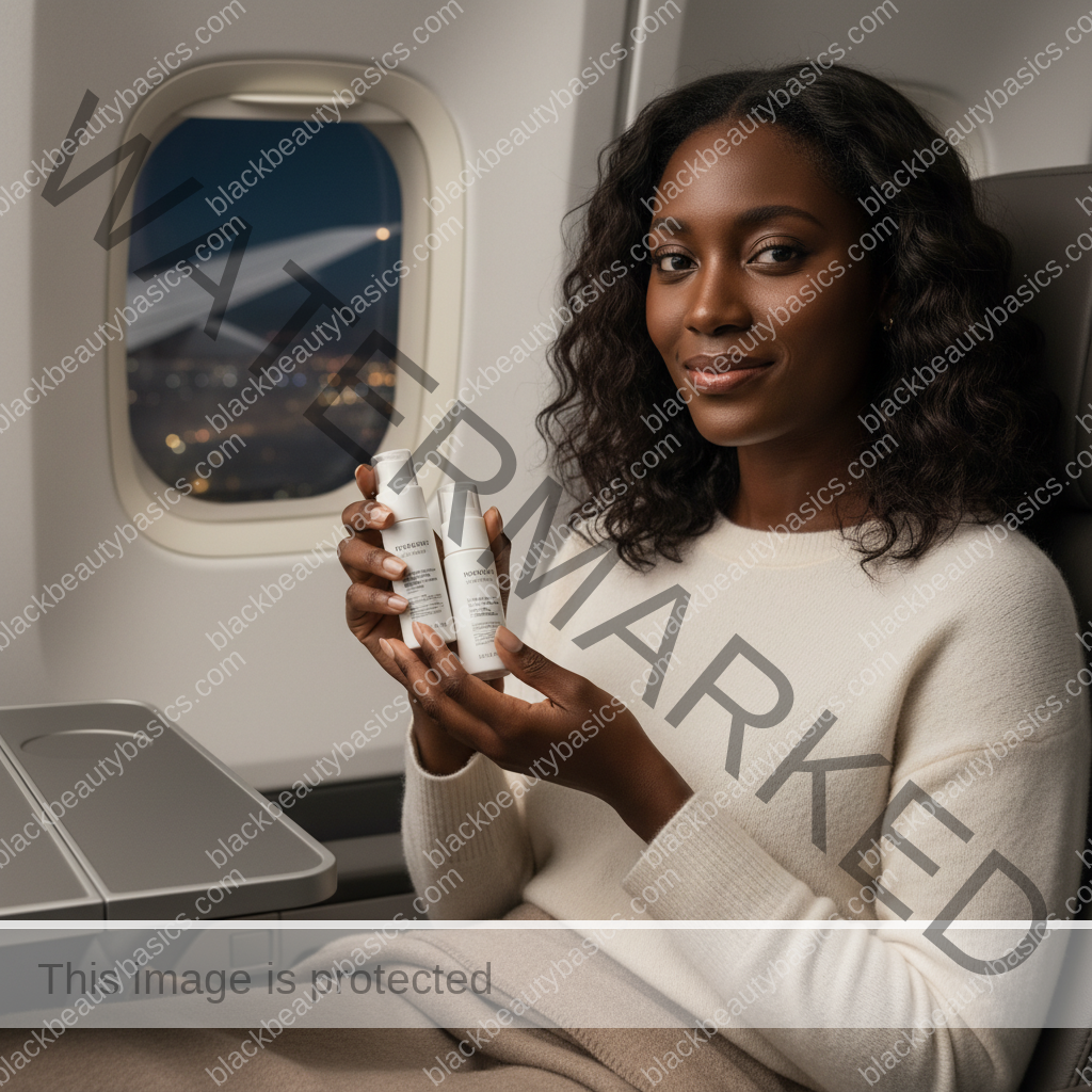 Black woman using travel skincare for melanin-rich skin on a plane