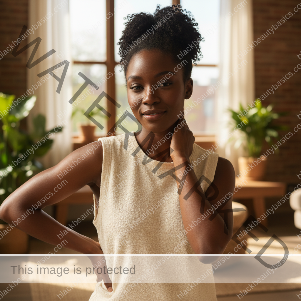 Black woman with deep skin wearing a sleeveless top with relaxed confidence in warm light
