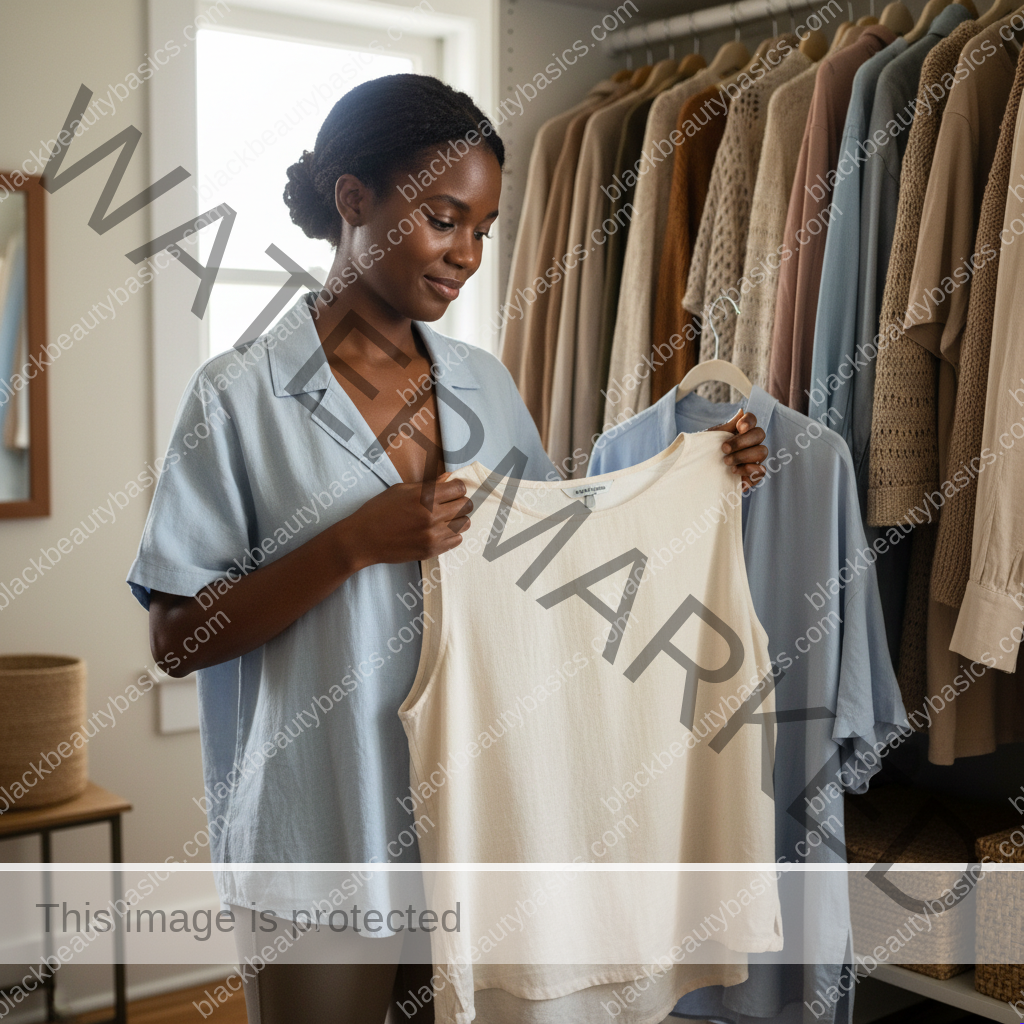 Black woman with deep skin choosing a soft sleeveless top as part of friction-aware underarm care