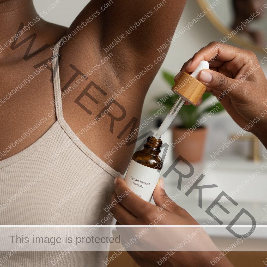 Respectful underarm care image on deep skin showing natural texture in soft light