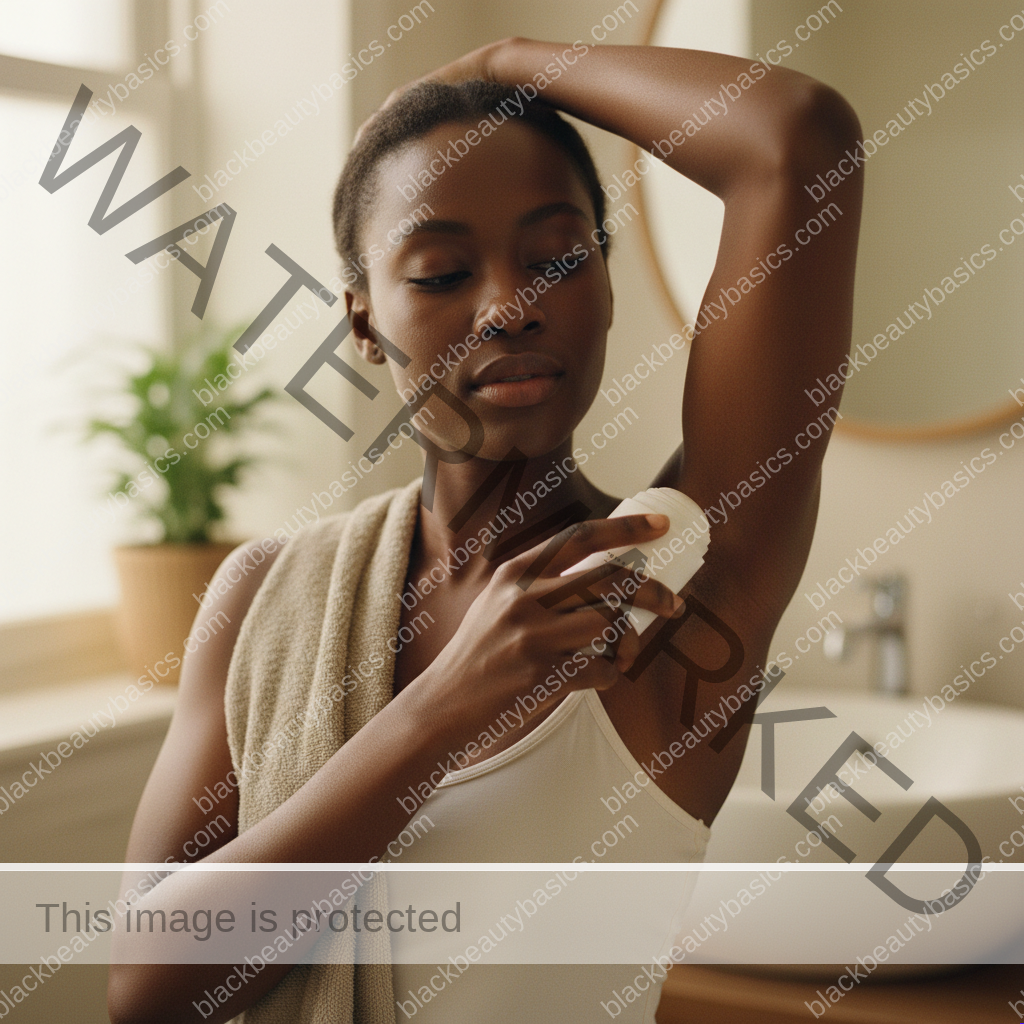 Black woman with deep skin applying deodorant calmly in a bathroom without shame